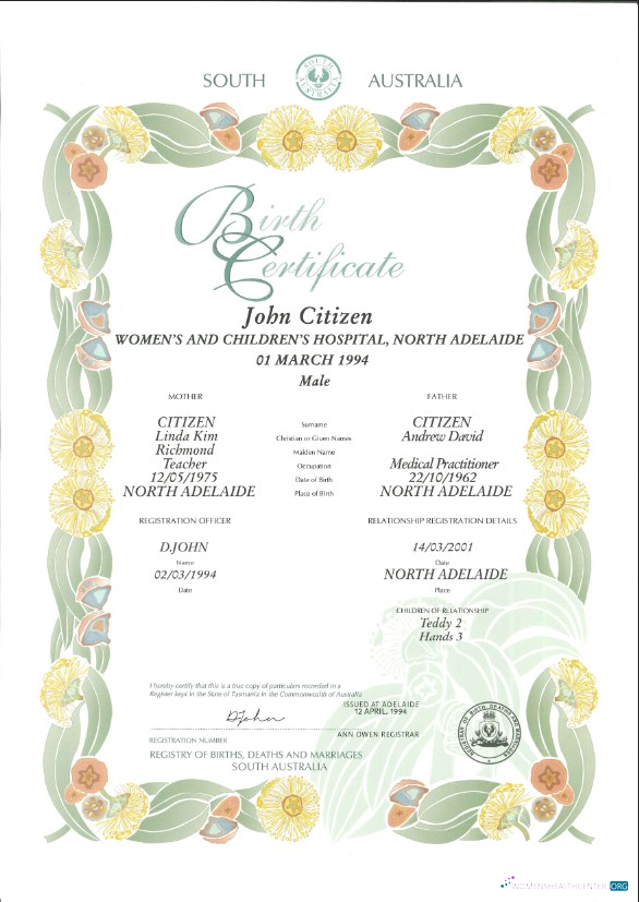Australian South Australia decorative (commemorative) birth certificate template in PSD format,